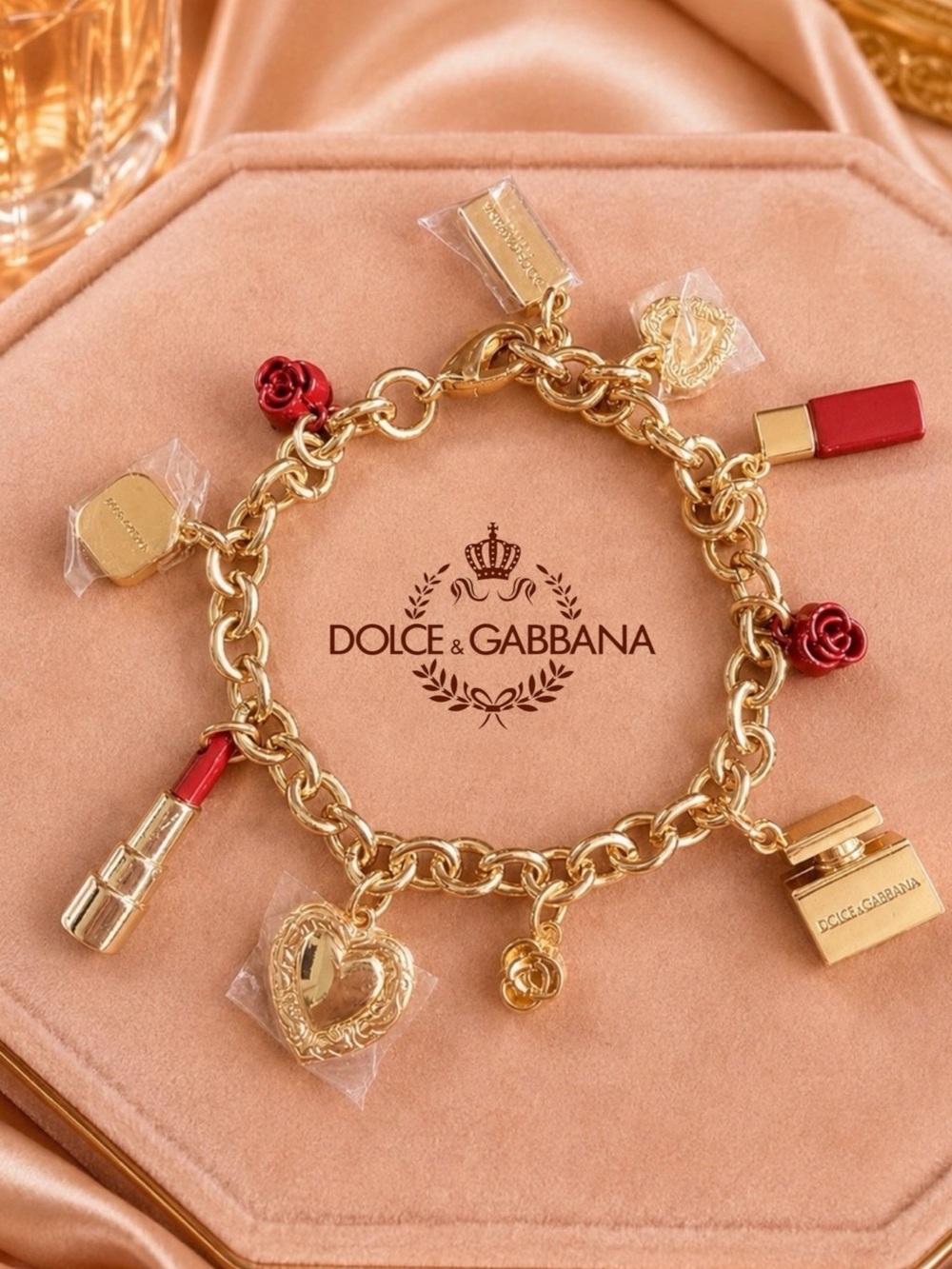Dolce & Gabbana Y2K Makeup Gold-Tone Multi-Charm Bracelet Lipstick Rose Heart